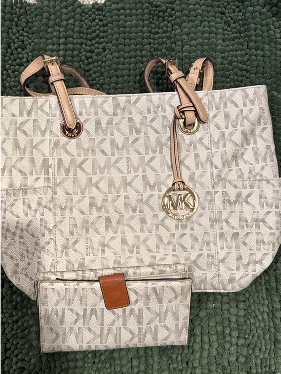 Michael Kors Handbags - Michael Kors Cream MK Monogram Tote with Tan Trim and Gold Charm